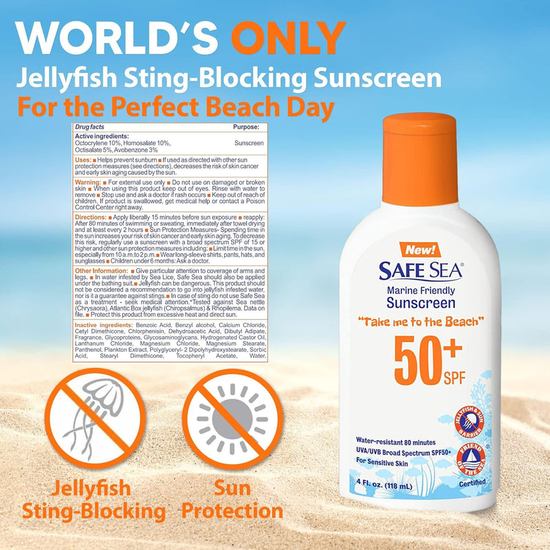 Safe Sea Jellyfish Sting-Blocking Sunscreen, SPF 50+ Lotion 4oz Sunblock
